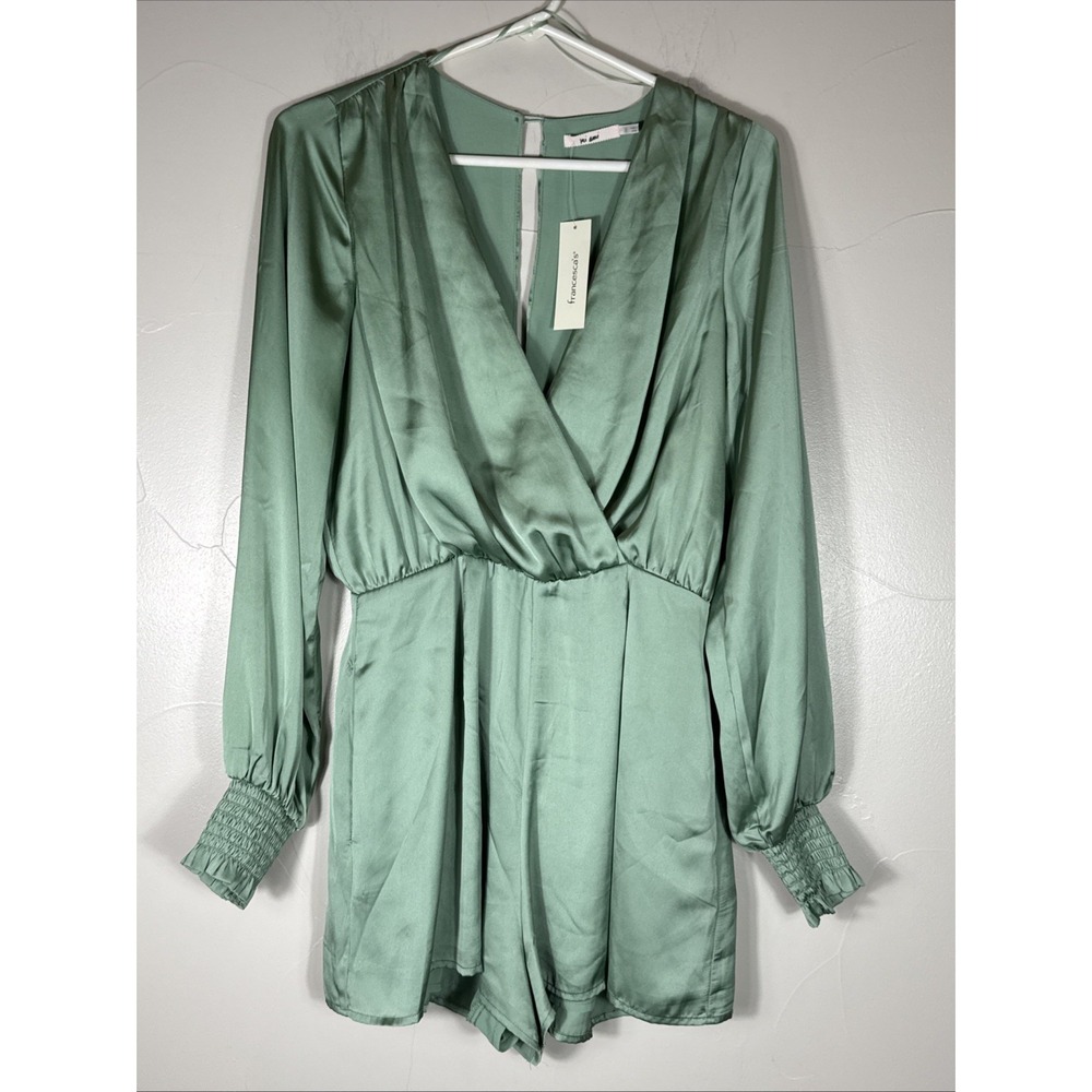Francescas Mi Ami Satin Green Lined Shorts Romper Slit Back Deep V Neck New
